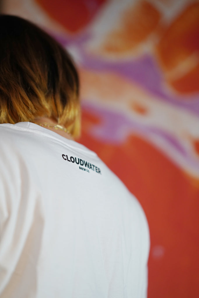 Cloudwater white heavyweight t-shirt. Cloudwater Brew Co. text logo at the top back of tee-shirt